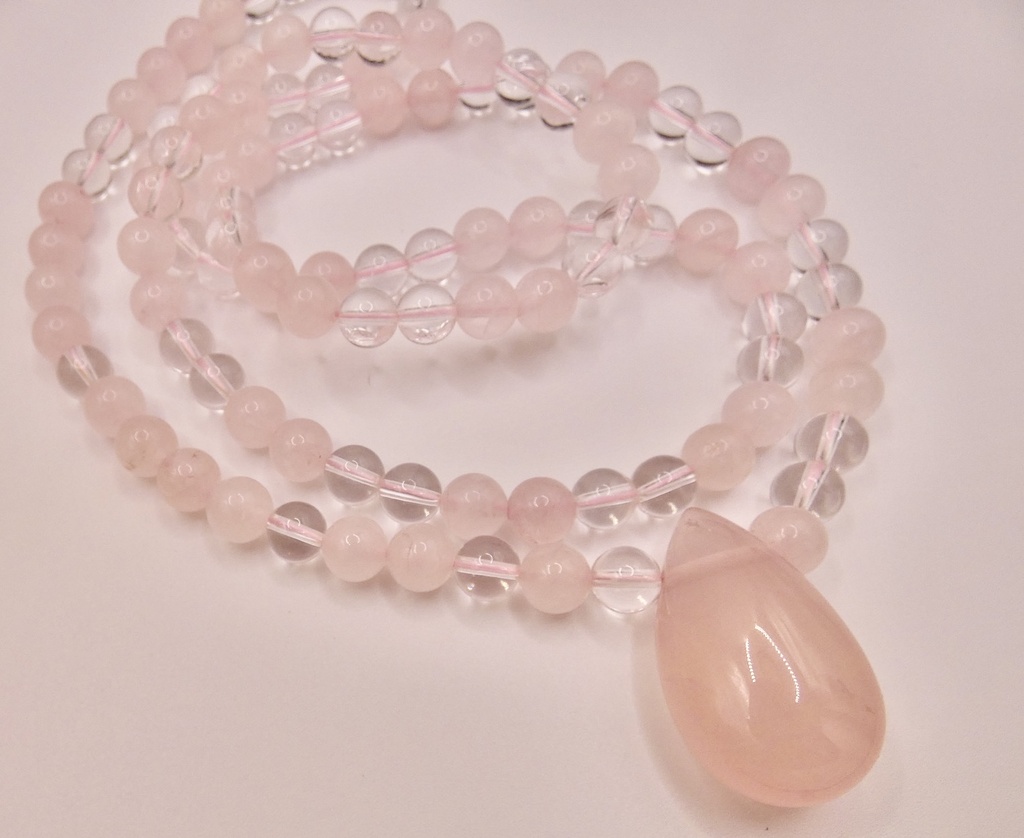 COLLIER MALA  CRISTAL DE ROCHE ET QUARTZ ROSE 108 BOULES DE 08MM